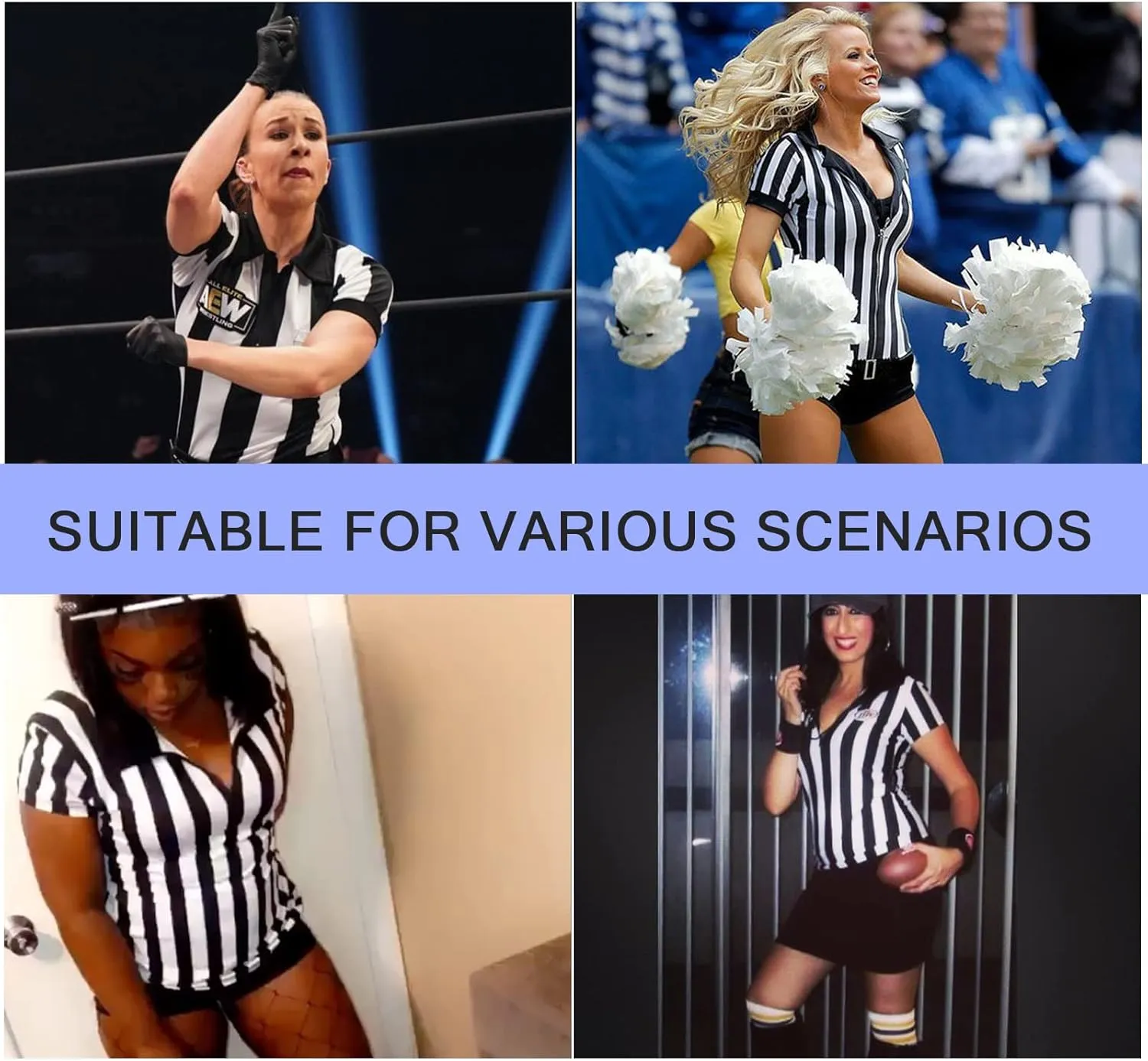 3 Pcs Women's Official Black & White Stripe Referee Shirt Zipper Collared V-Neck Referee Jersey ,Ref Whistle ,Yellow Penalty Flag for Basketball Football Soccer Refs Christmas Waitresses & Costume