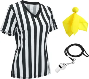 3 Pcs Women's Official Black & White Stripe Referee Shirt Zipper Collared V-Neck Referee Jersey ,Ref Whistle ,Yellow Penalty Flag for Basketball Football Soccer Refs Christmas Waitresses & Costume