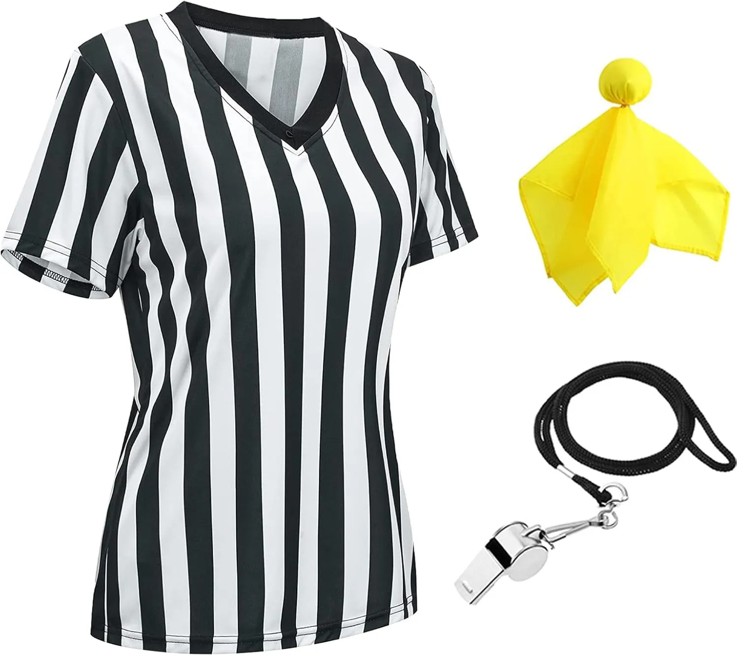 3 Pcs Women's Official Black & White Stripe Referee Shirt Zipper Collared V-Neck Referee Jersey ,Ref Whistle ,Yellow Penalty Flag for Basketball Football Soccer Refs Christmas Waitresses & Costume