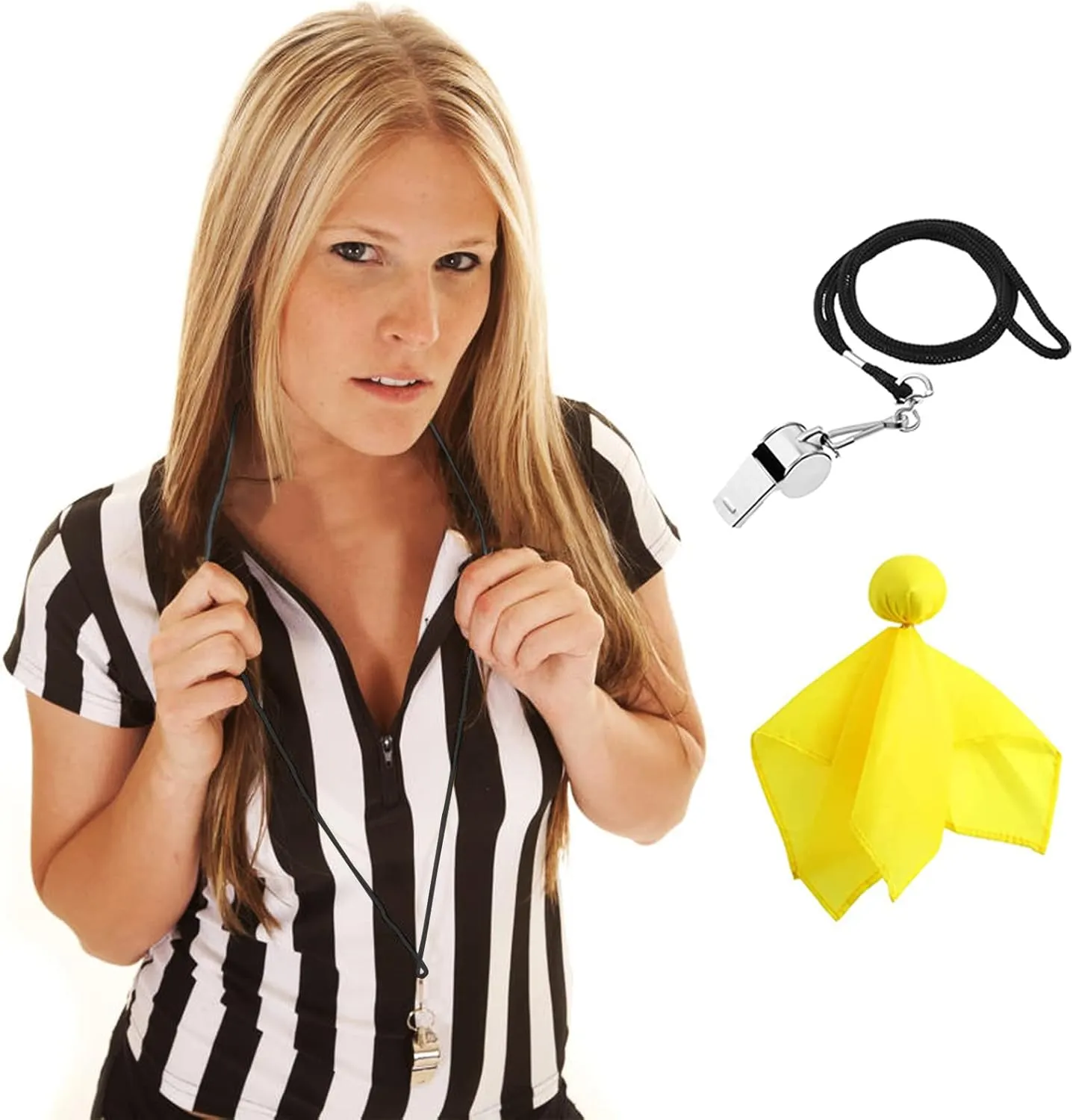 3 Pcs Women's Official Black & White Stripe Referee Shirt Zipper Collared V-Neck Referee Jersey ,Ref Whistle ,Yellow Penalty Flag for Basketball Football Soccer Refs Christmas Waitresses & Costume