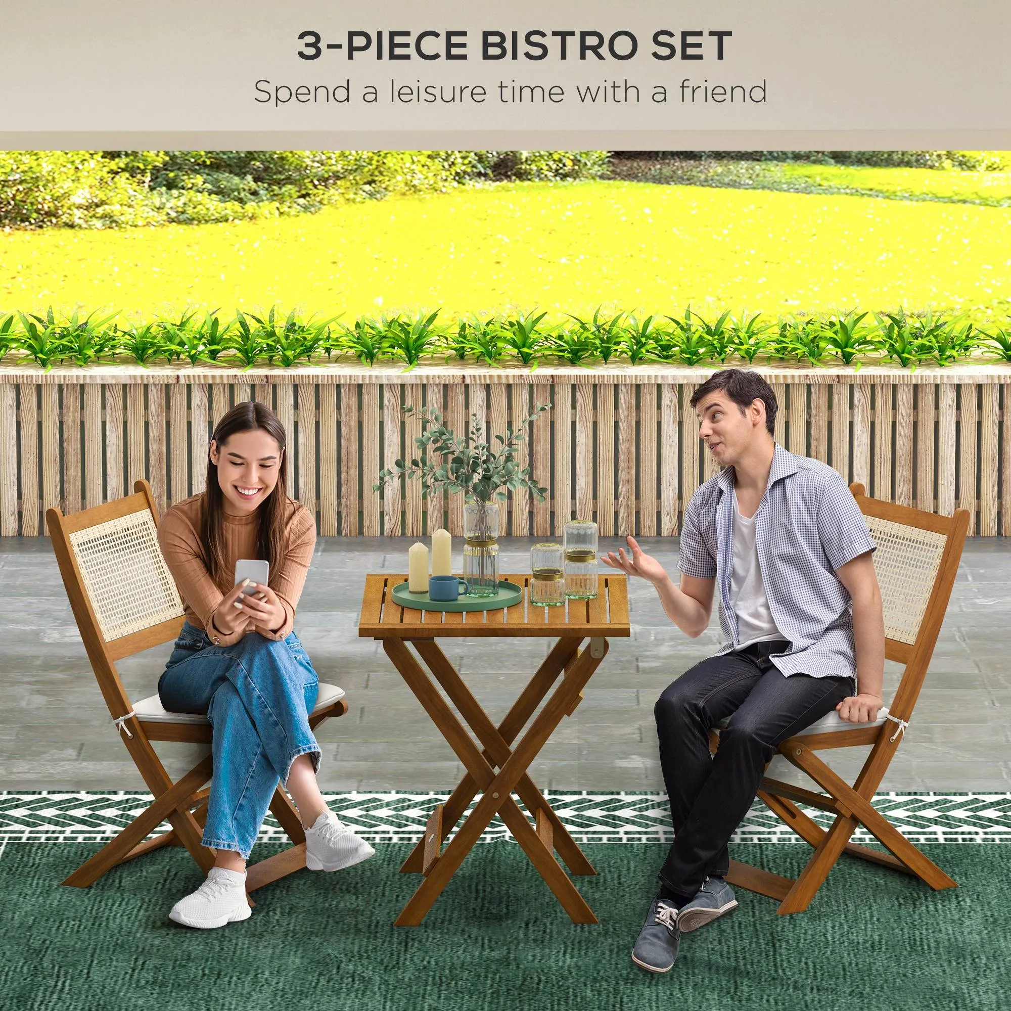3 Pieces Folding Rattan Patio Bistro Set, Acacia Wood Coffee Table and 2 Porch Chairs, Light Teak