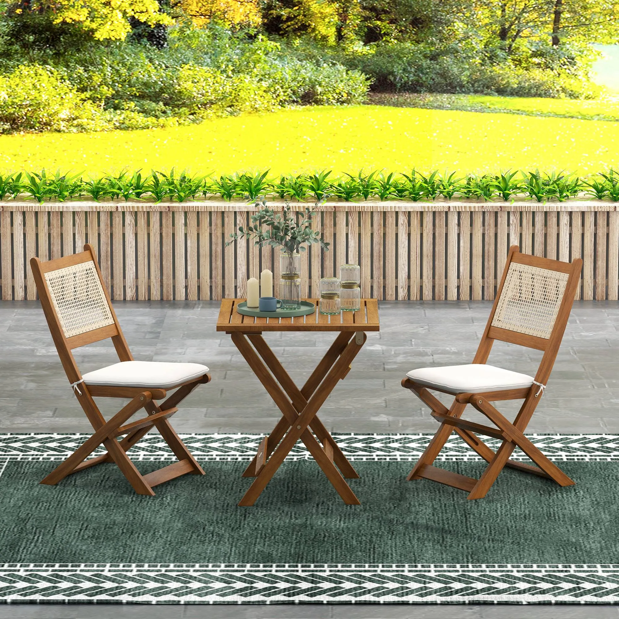 3 Pieces Folding Rattan Patio Bistro Set, Acacia Wood Coffee Table and 2 Porch Chairs, Light Teak