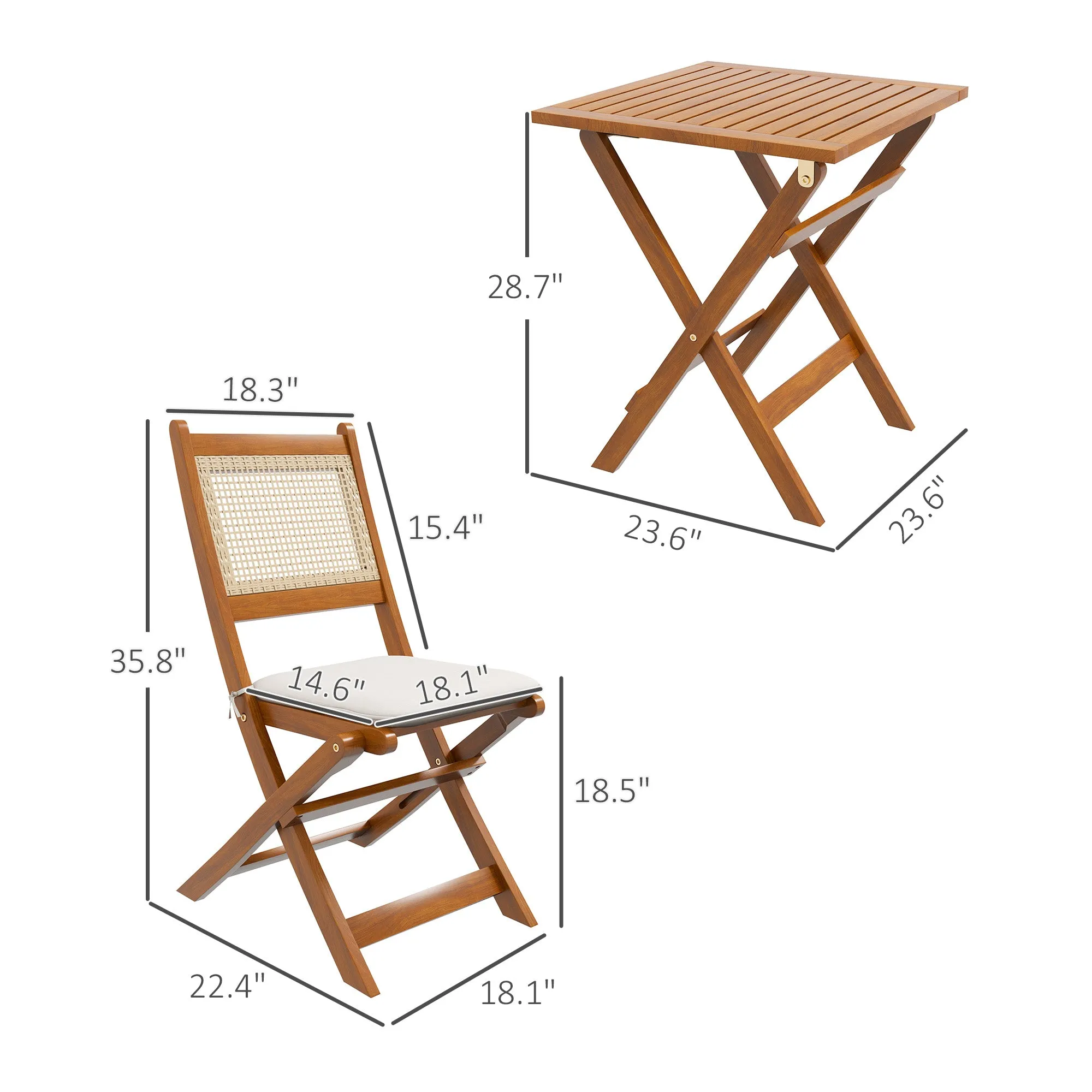 3 Pieces Folding Rattan Patio Bistro Set, Acacia Wood Coffee Table and 2 Porch Chairs, Light Teak
