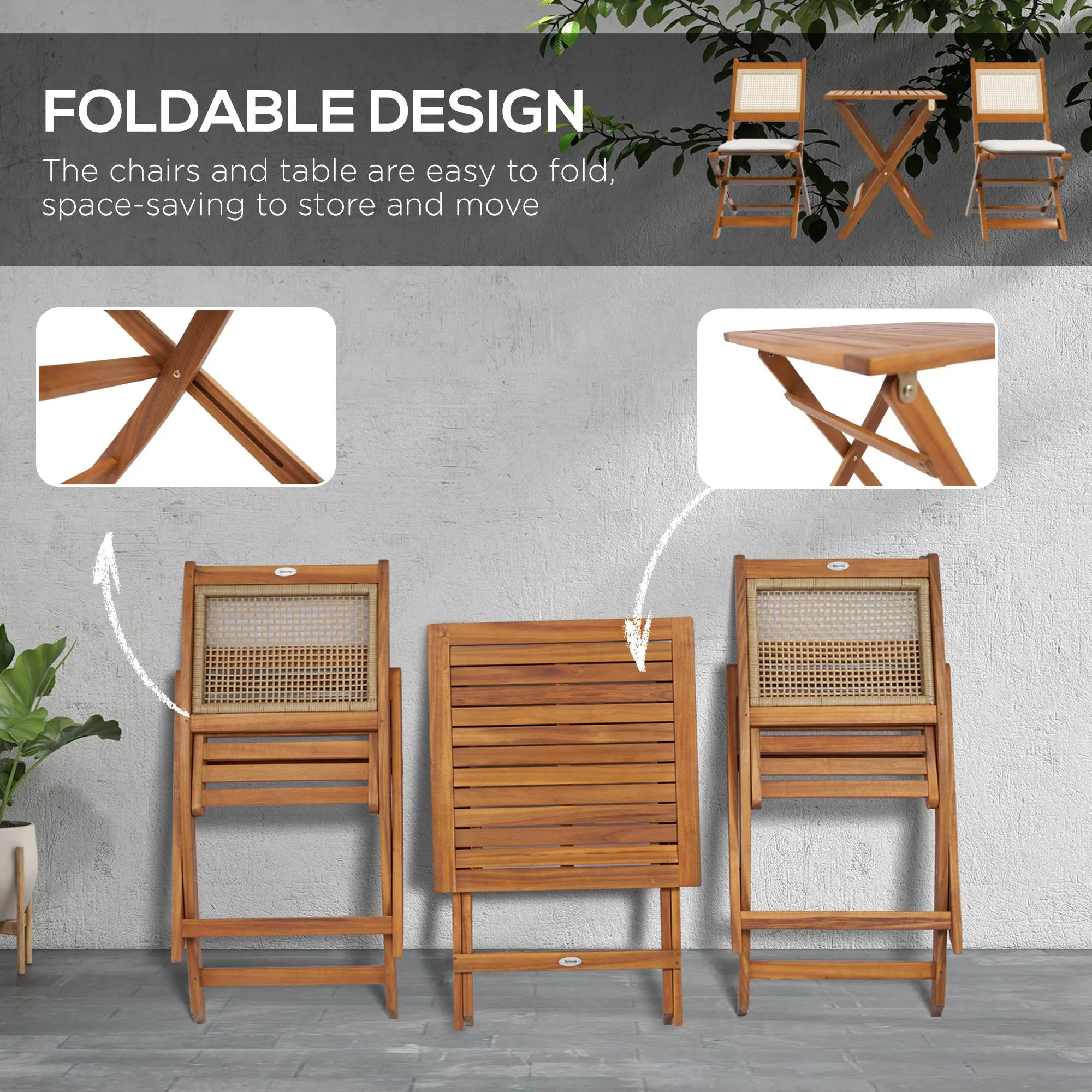 3 Pieces Folding Rattan Patio Bistro Set, Acacia Wood Coffee Table and 2 Porch Chairs, Light Teak