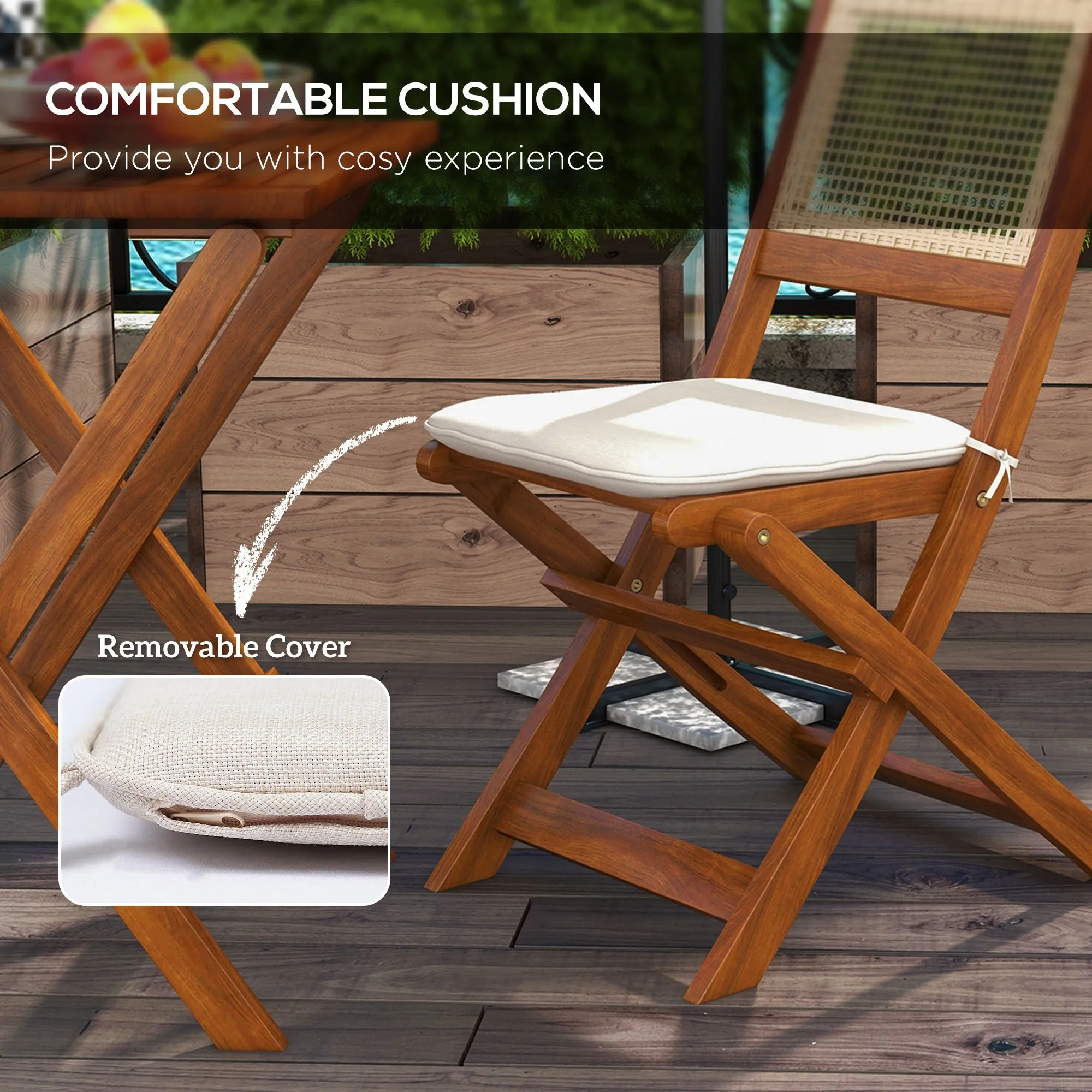 3 Pieces Folding Rattan Patio Bistro Set, Acacia Wood Coffee Table and 2 Porch Chairs, Light Teak