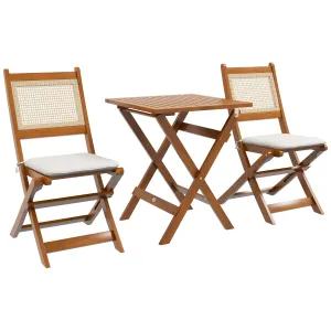 3 Pieces Folding Rattan Patio Bistro Set, Acacia Wood Coffee Table and 2 Porch Chairs, Light Teak
