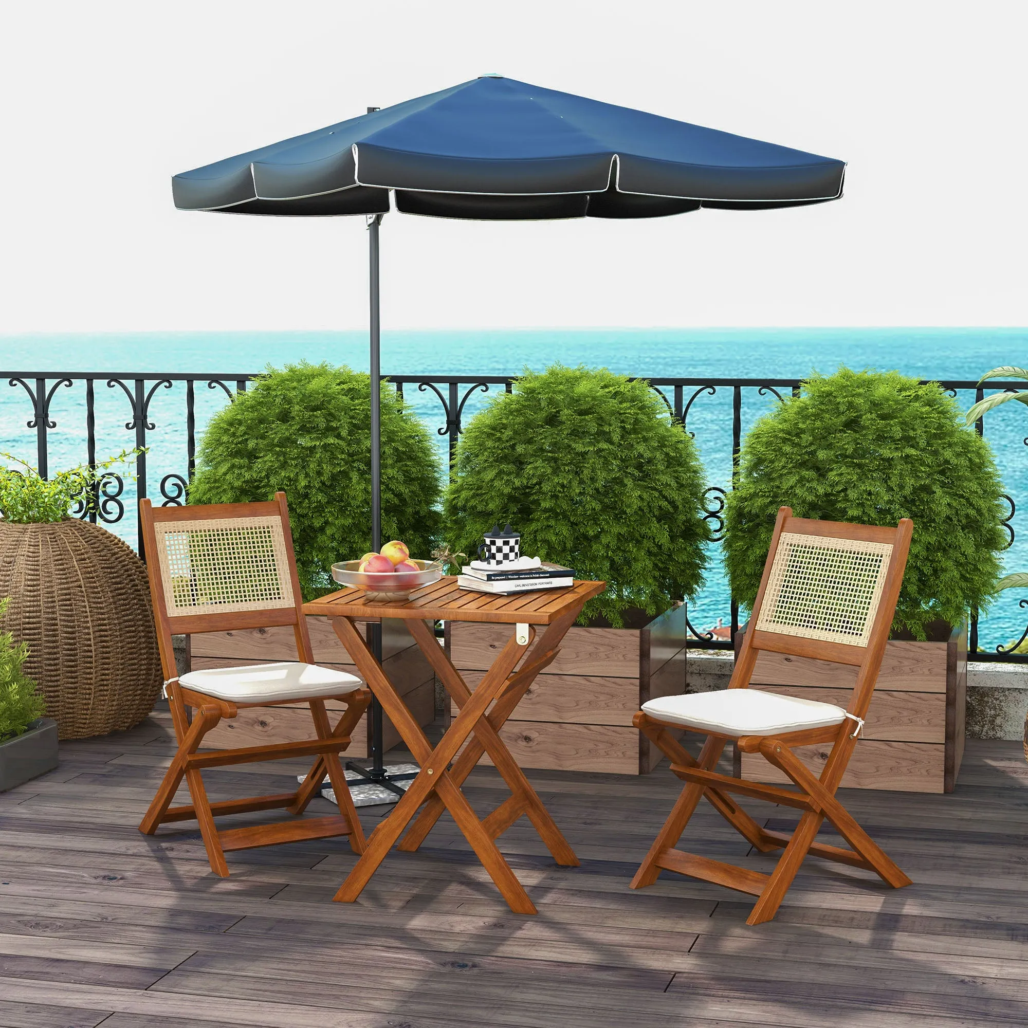 3 Pieces Folding Rattan Patio Bistro Set, Acacia Wood Coffee Table and 2 Porch Chairs, Light Teak
