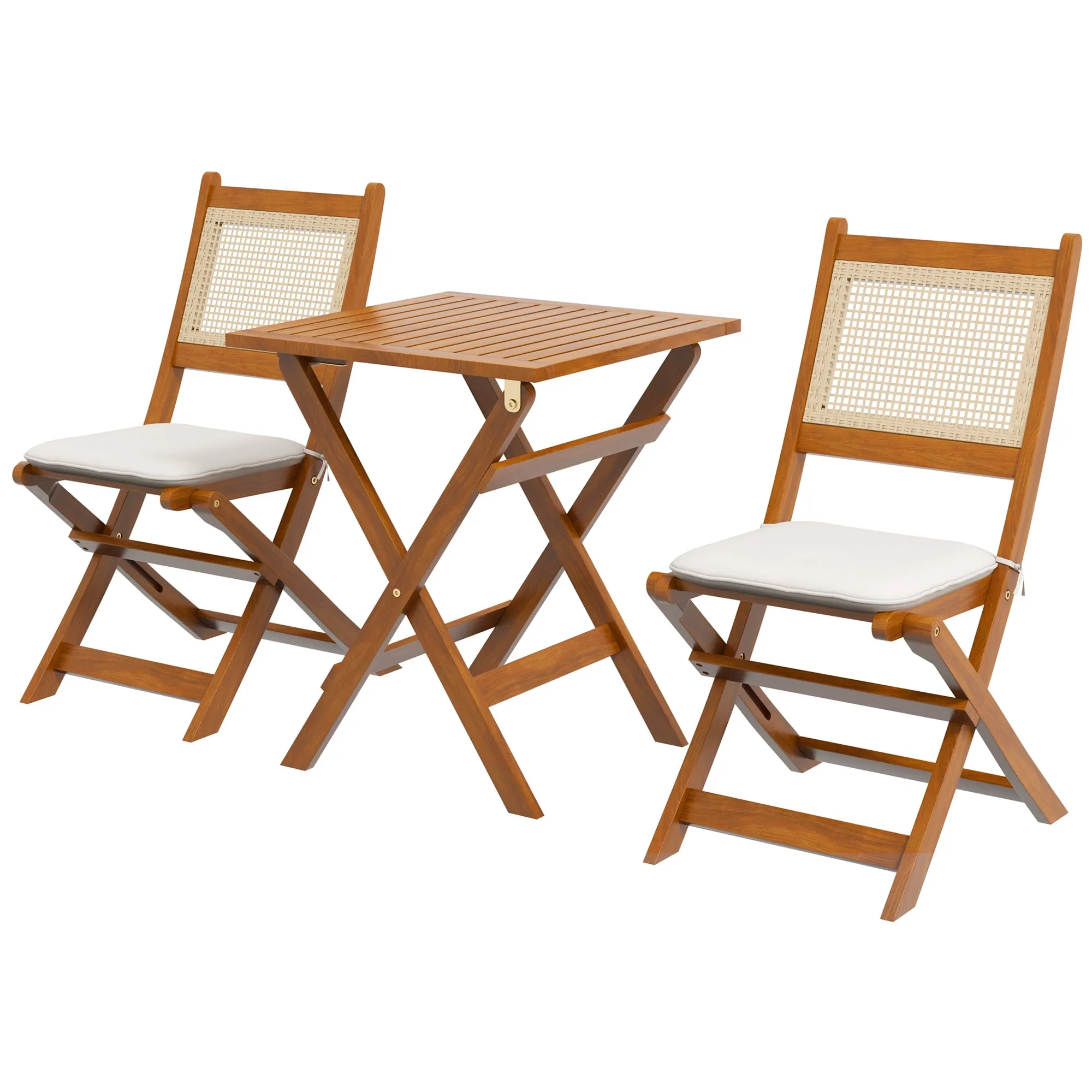 3 Pieces Folding Rattan Patio Bistro Set, Acacia Wood Coffee Table and 2 Porch Chairs, Light Teak