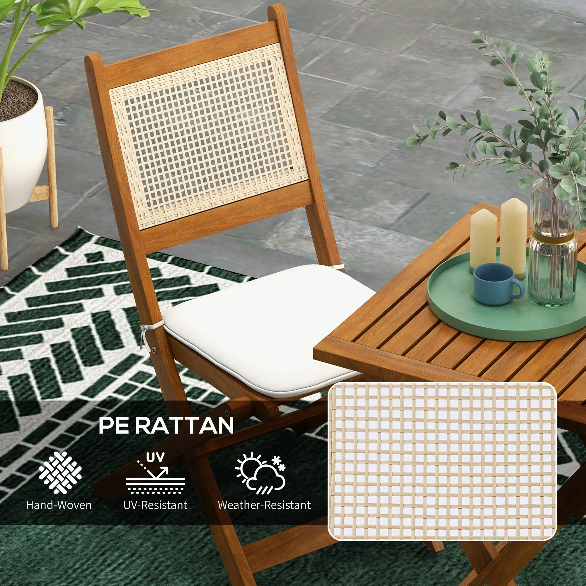 3 Pieces Folding Rattan Patio Bistro Set, Acacia Wood Coffee Table and 2 Porch Chairs, Light Teak