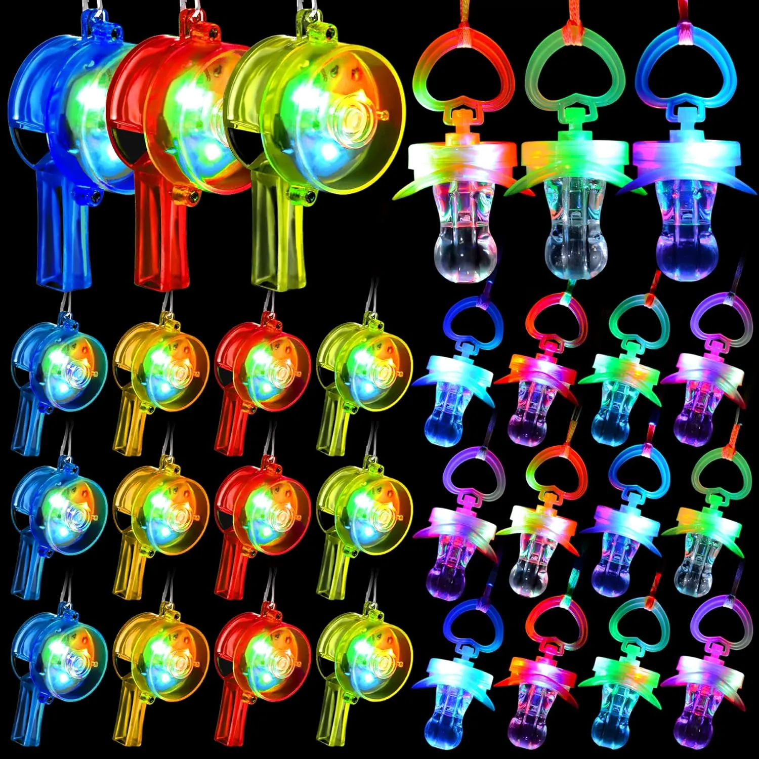 30 Pcs LED Light Up Toys Include 15 Pcs LED Pacifiers Necklace 15 Pcs Glow Whistle with Lanyards Glow In The Dark Party Favors for 4th of July,Birthday Party,Christmas,Halloween,New Year