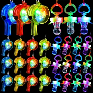 30 Pcs LED Light Up Toys Include 15 Pcs LED Pacifiers Necklace 15 Pcs Glow Whistle with Lanyards Glow In The Dark Party Favors for 4th of July,Birthday Party,Christmas,Halloween,New Year