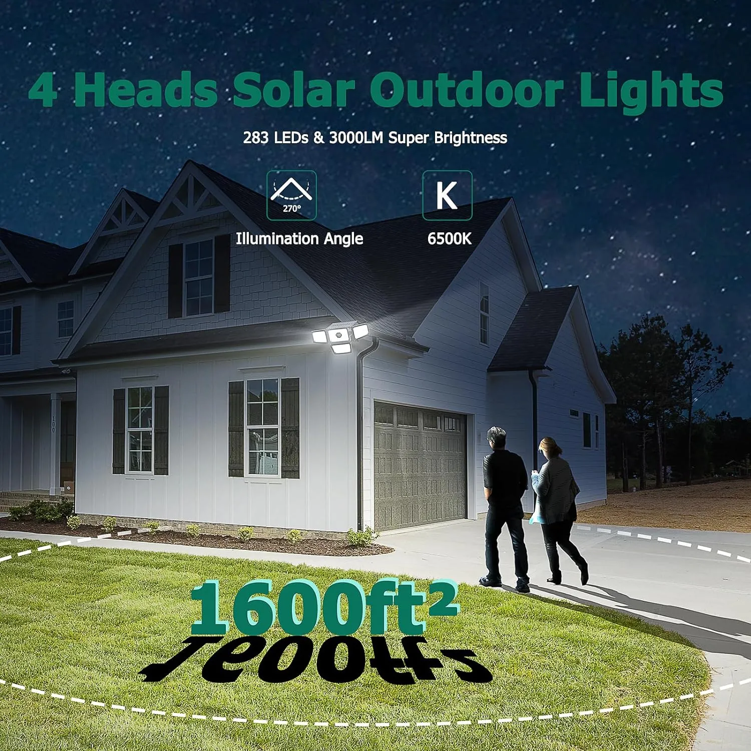 3000LM Solar Lights Outdoor, 4 Adjustable Heads Solar Motion Sensor Lights with 283 LED, IP65 Waterproof Security Wall Lights, Remote Control Flood Lights for Graden, Outside, Backyard 2 Pack