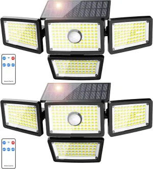 3000LM Solar Lights Outdoor, 4 Adjustable Heads Solar Motion Sensor Lights with 283 LED, IP65 Waterproof Security Wall Lights, Remote Control Flood Lights for Graden, Outside, Backyard 2 Pack