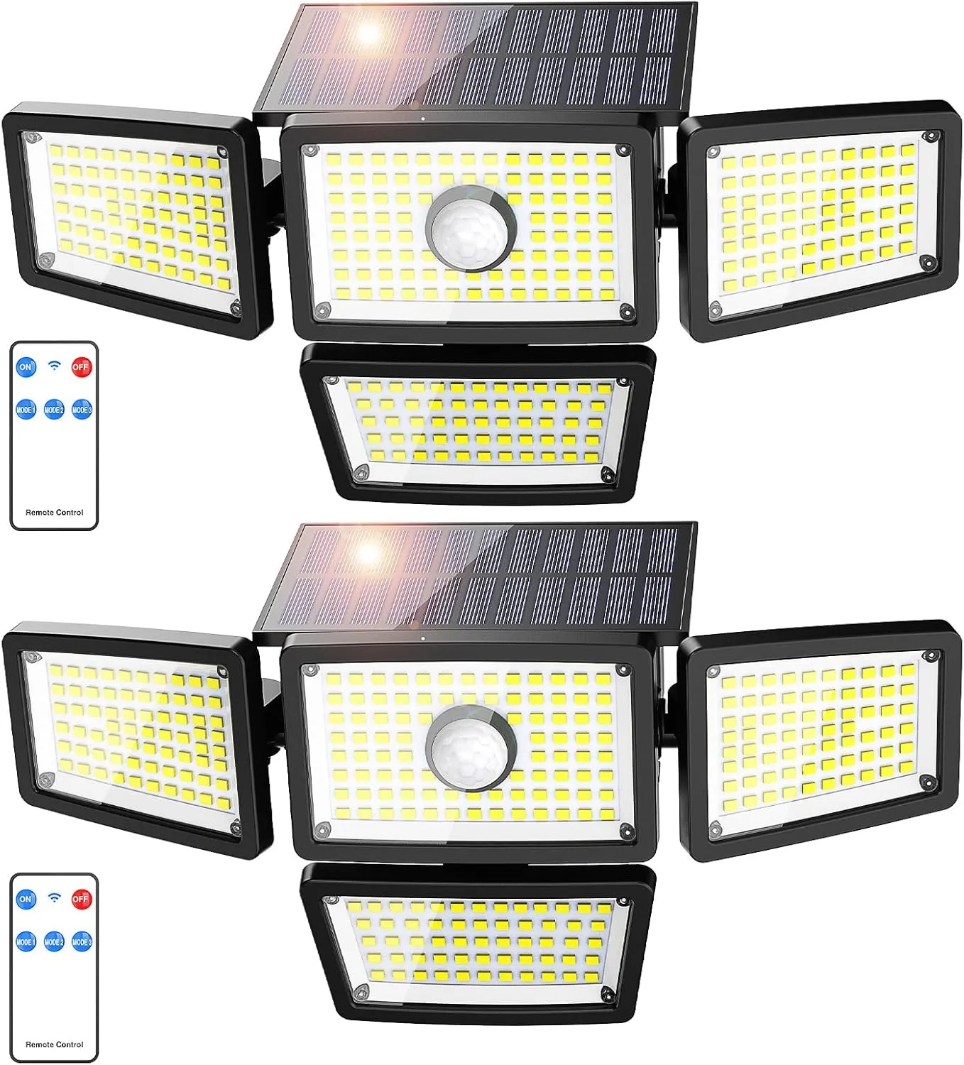 3000LM Solar Lights Outdoor, 4 Adjustable Heads Solar Motion Sensor Lights with 283 LED, IP65 Waterproof Security Wall Lights, Remote Control Flood Lights for Graden, Outside, Backyard 2 Pack