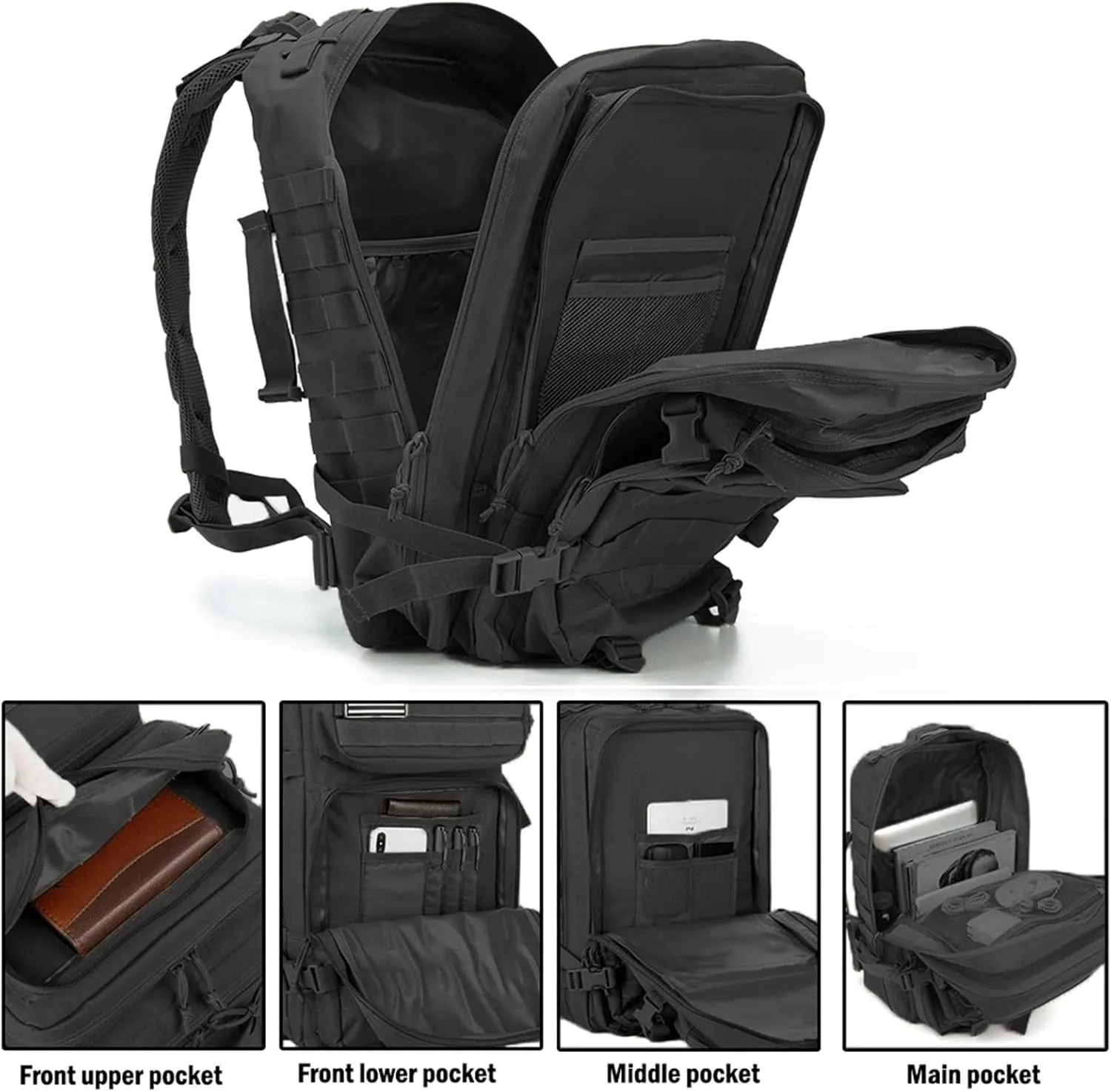 30L Tactical Backpacks Man Traveling Bags Survival Outdoor 3P Assault Pack EDC Molle Pack Hiking Trekking Hunting Bag(Black)