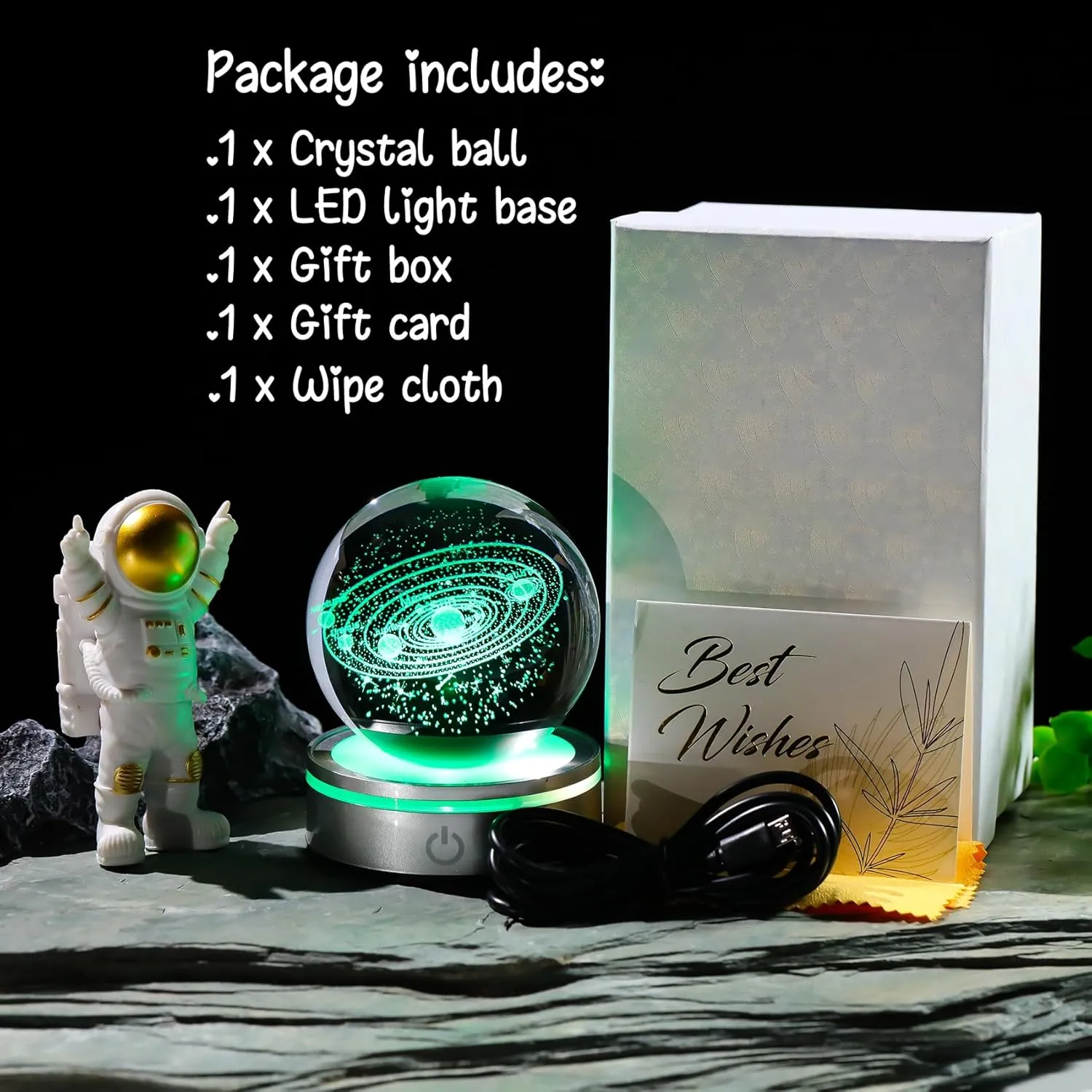 3.15in. Crystal Engraved 3D Solar System Ball with LED Light Base, Solar System Physics Planet Space Model Collectible Decorative Ball Astronomy Universe Gifts for Women Men Kids Birthday