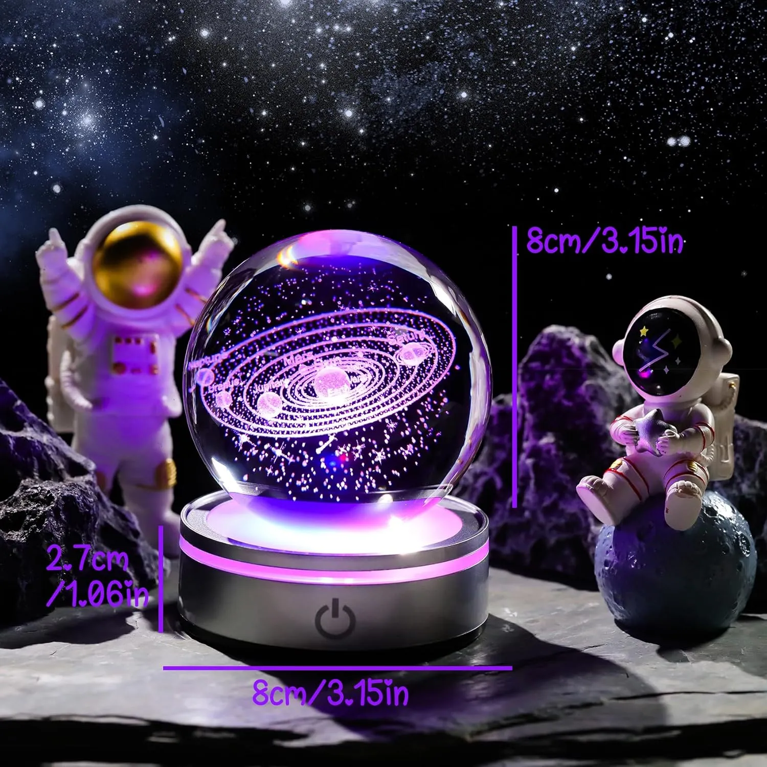 3.15in. Crystal Engraved 3D Solar System Ball with LED Light Base, Solar System Physics Planet Space Model Collectible Decorative Ball Astronomy Universe Gifts for Women Men Kids Birthday