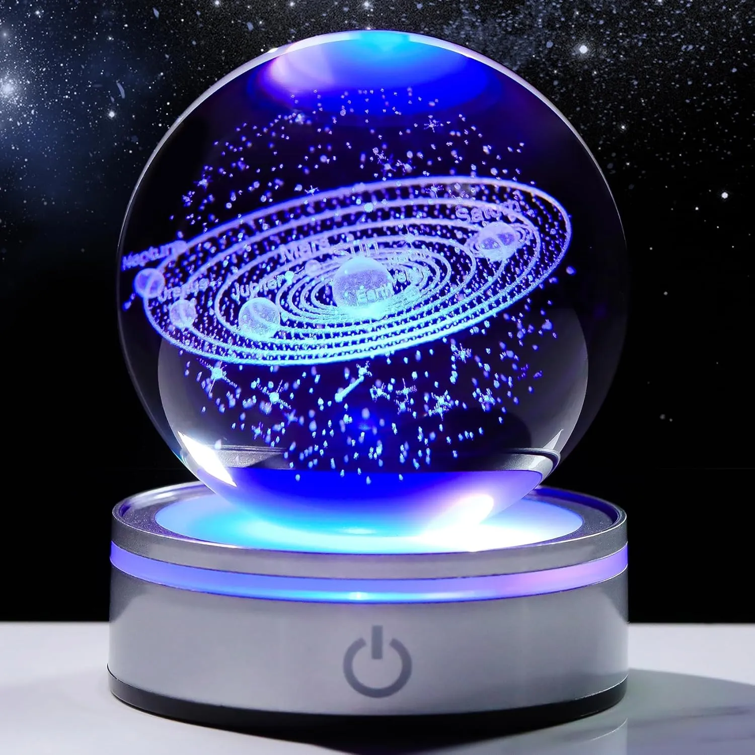 3.15in. Crystal Engraved 3D Solar System Ball with LED Light Base, Solar System Physics Planet Space Model Collectible Decorative Ball Astronomy Universe Gifts for Women Men Kids Birthday