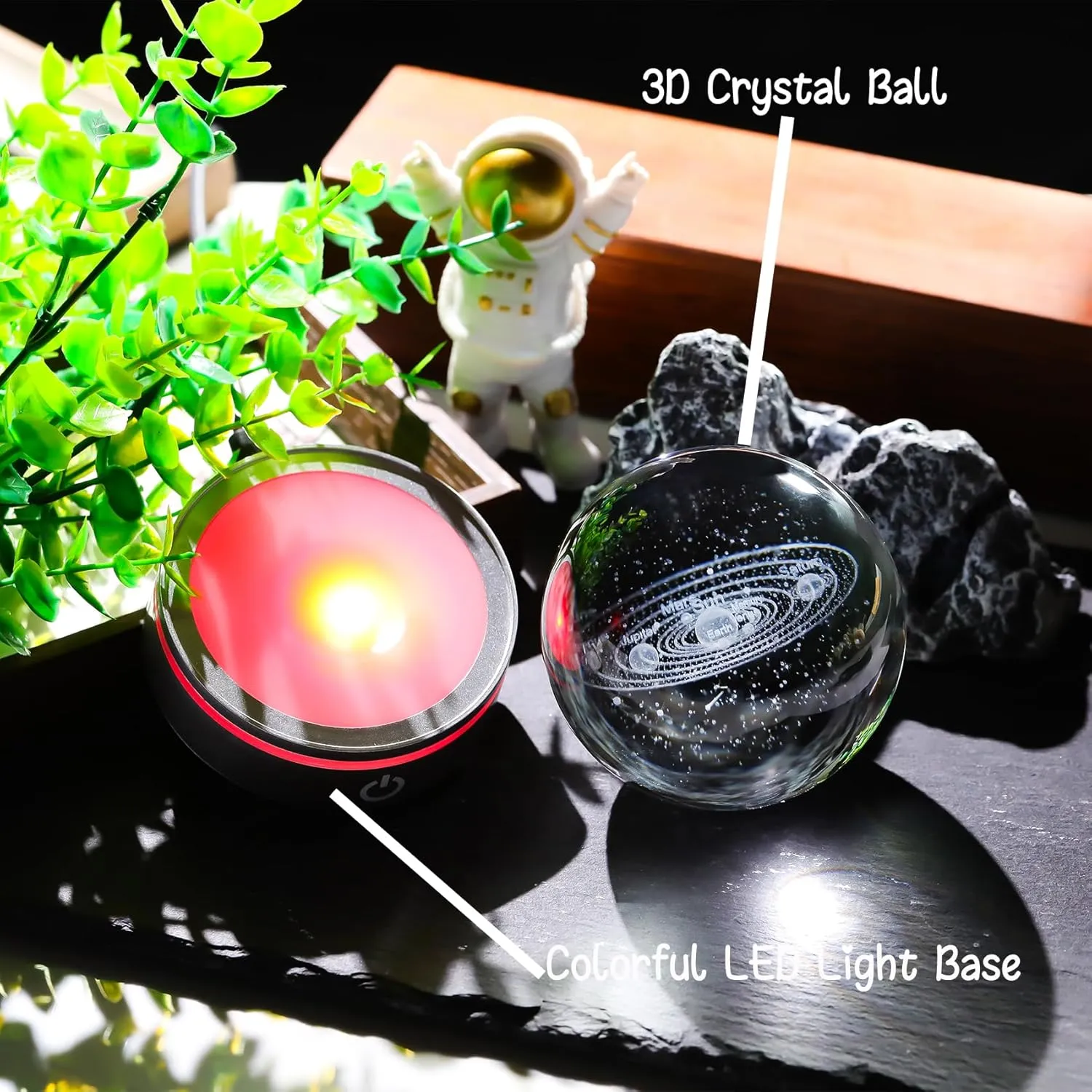 3.15in. Crystal Engraved 3D Solar System Ball with LED Light Base, Solar System Physics Planet Space Model Collectible Decorative Ball Astronomy Universe Gifts for Women Men Kids Birthday