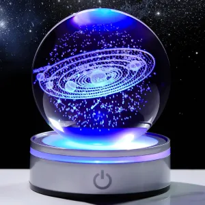 3.15in. Crystal Engraved 3D Solar System Ball with LED Light Base, Solar System Physics Planet Space Model Collectible Decorative Ball Astronomy Universe Gifts for Women Men Kids Birthday