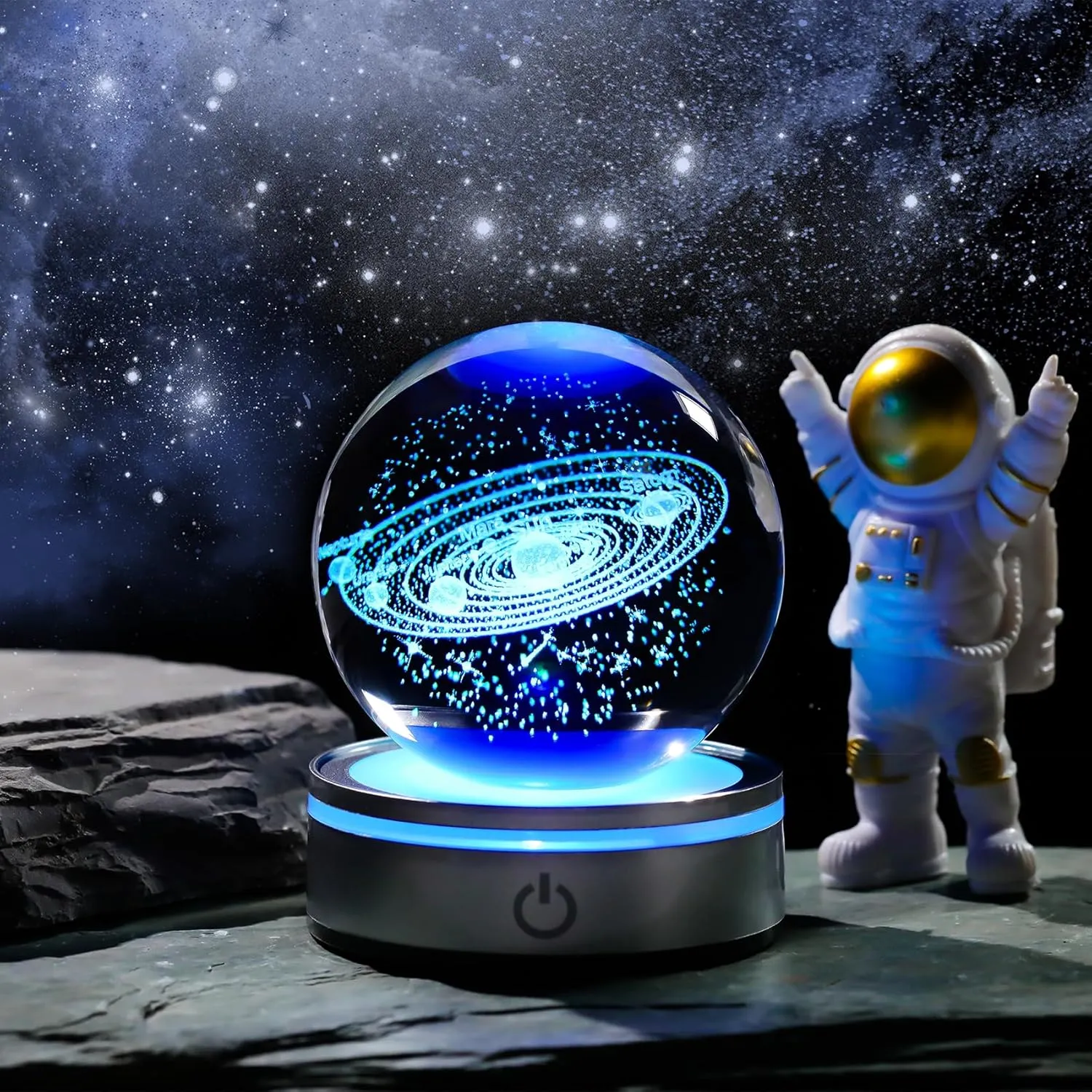 3.15in. Crystal Engraved 3D Solar System Ball with LED Light Base, Solar System Physics Planet Space Model Collectible Decorative Ball Astronomy Universe Gifts for Women Men Kids Birthday