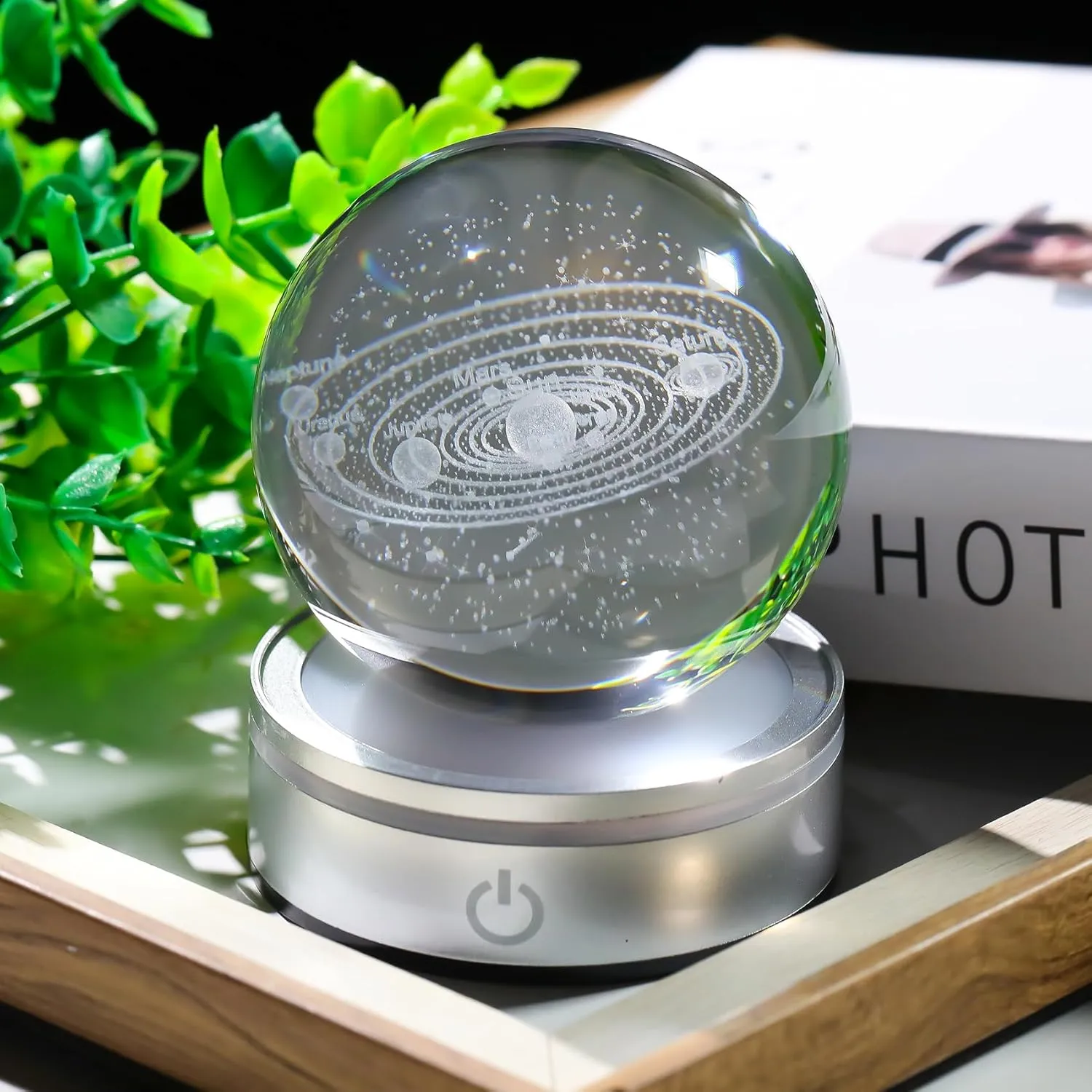 3.15in. Crystal Engraved 3D Solar System Ball with LED Light Base, Solar System Physics Planet Space Model Collectible Decorative Ball Astronomy Universe Gifts for Women Men Kids Birthday