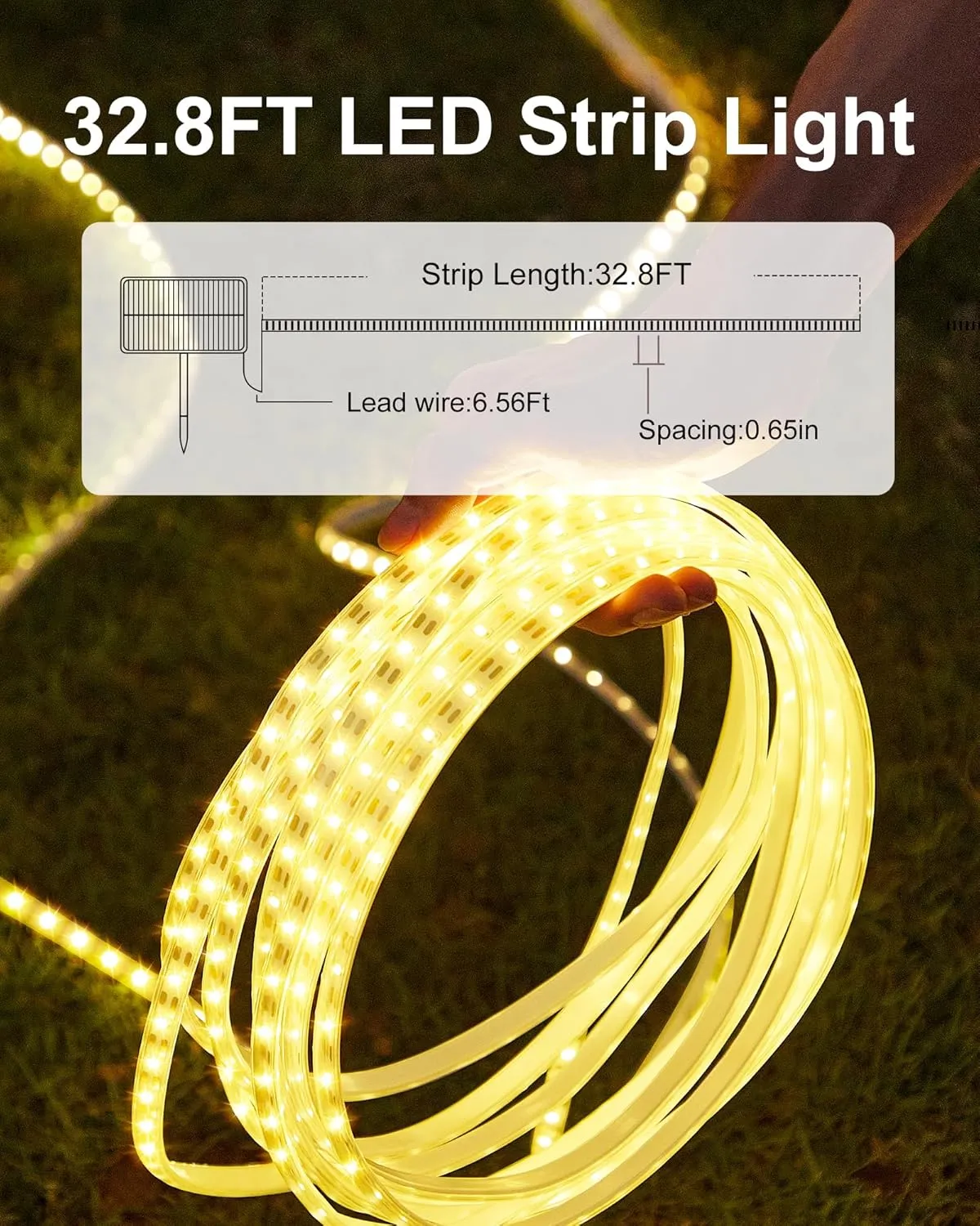 32.8FT Solar LED Strip Lights Outdoor Warm White, 600LEDs Solar & USB Powered Dimmable Strip Lights with Remote, IP65Waterproof LED Strips for Gazebo Balcony Swimming Pool Deck Decor