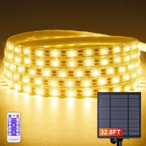 32.8FT Solar LED Strip Lights Outdoor Warm White, 600LEDs Solar & USB Powered Dimmable Strip Lights with Remote, IP65Waterproof LED Strips for Gazebo Balcony Swimming Pool Deck Decor