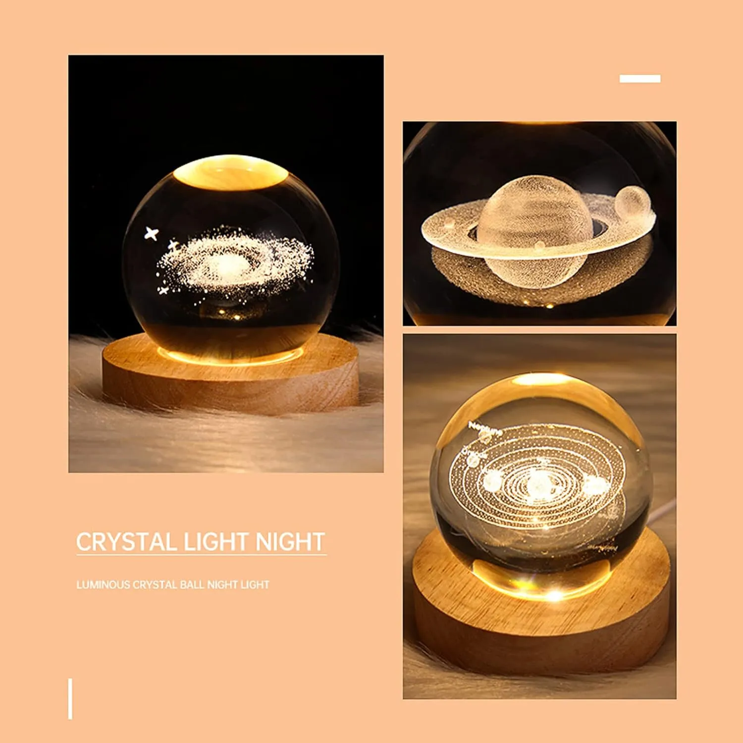 3D Solar System Crystal Night Light with Wooden Base, Fantasy Decor, LED Galaxy Planet Nightlight, 2.76in