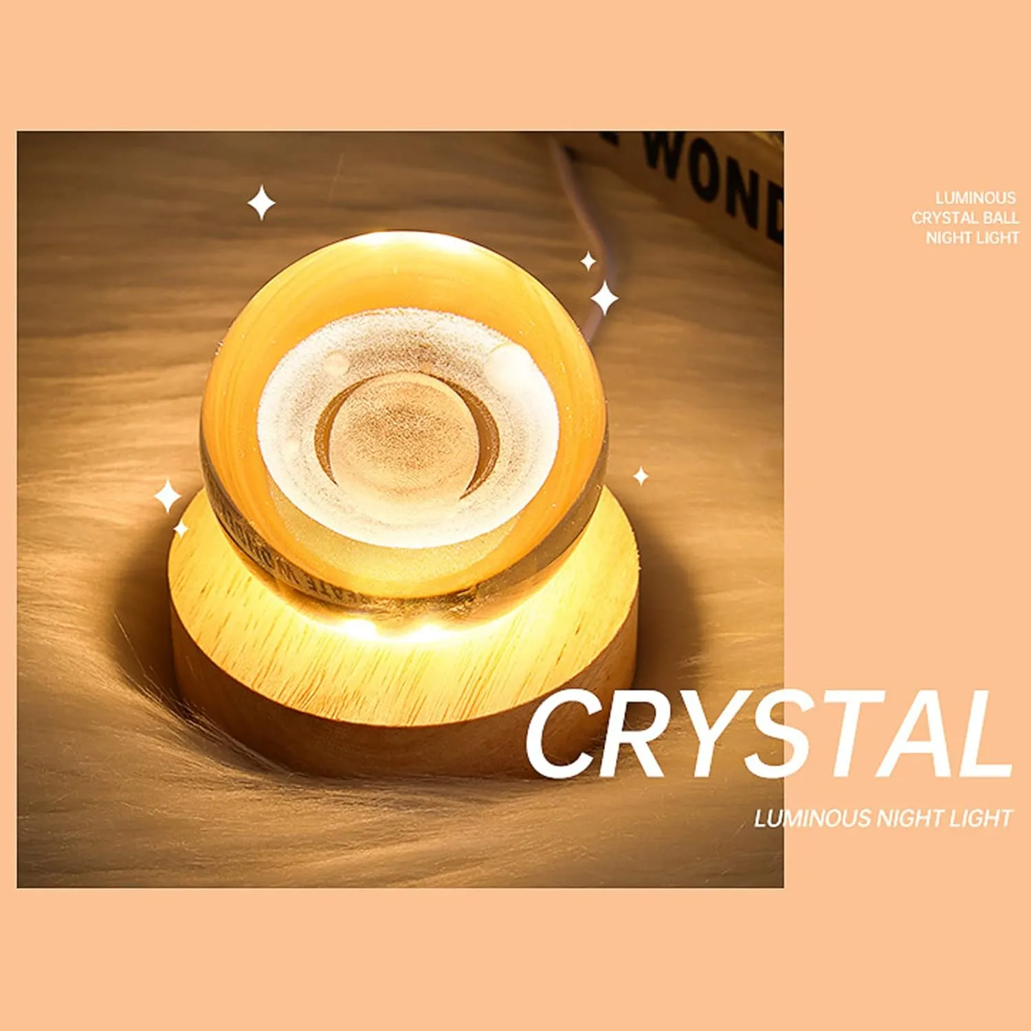 3D Solar System Crystal Night Light with Wooden Base, Fantasy Decor, LED Galaxy Planet Nightlight, 2.76in