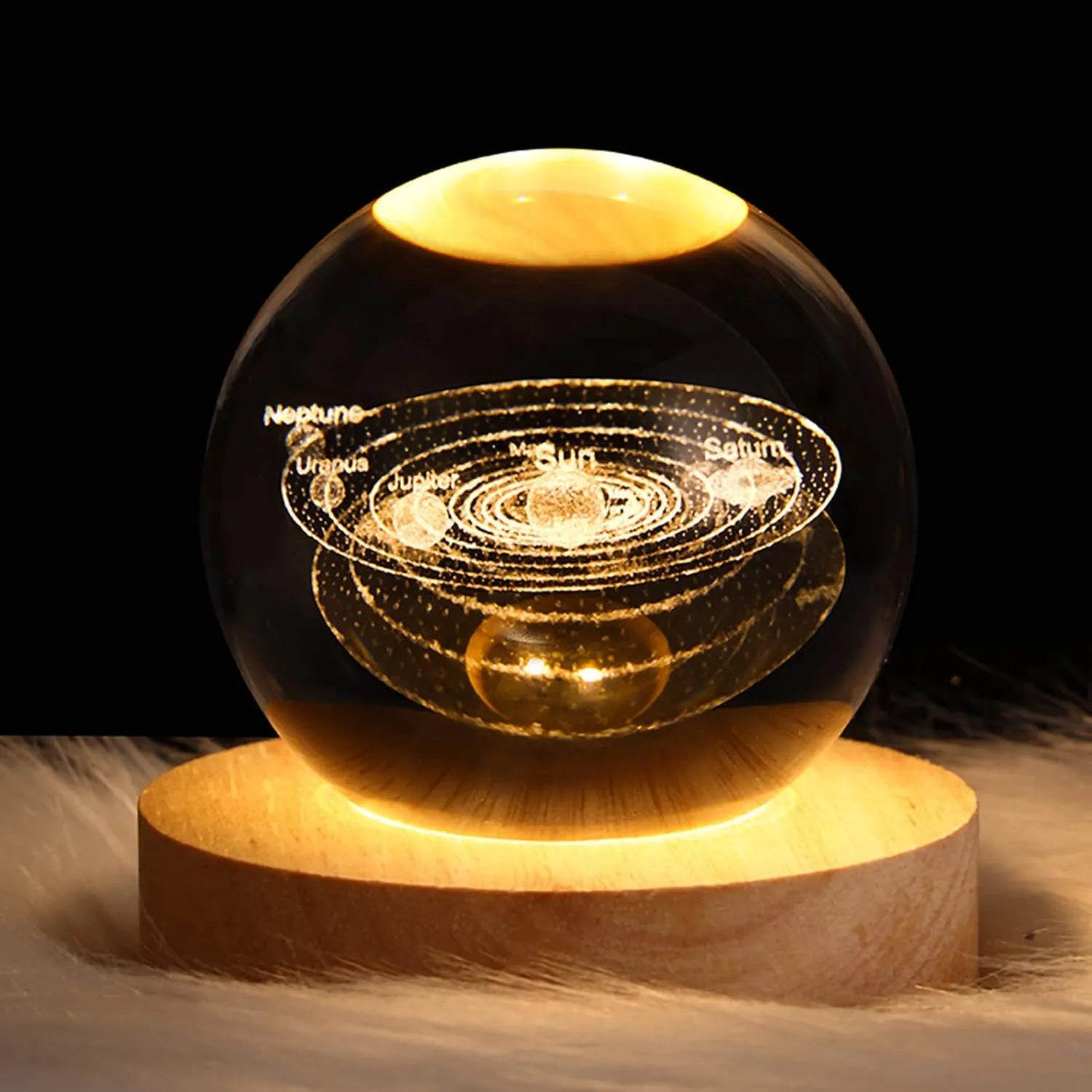 3D Solar System Crystal Night Light with Wooden Base, Fantasy Decor, LED Galaxy Planet Nightlight, 2.76in