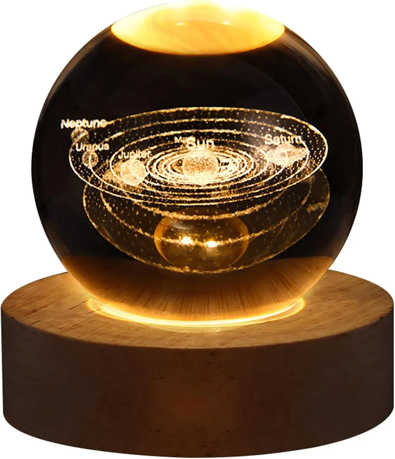 3D Solar System Crystal Night Light with Wooden Base, Fantasy Decor, LED Galaxy Planet Nightlight, 2.76in