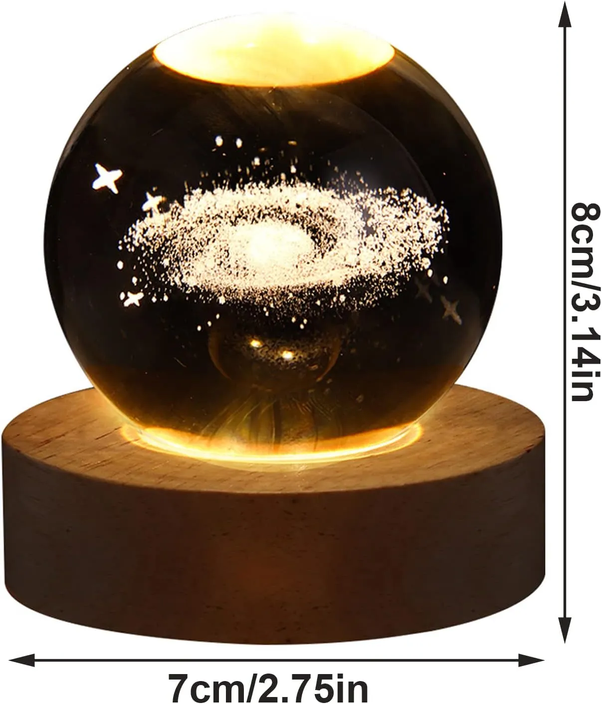 3D Solar System Crystal Night Light with Wooden Base, Fantasy Decor, LED Galaxy Planet Nightlight, 2.76in