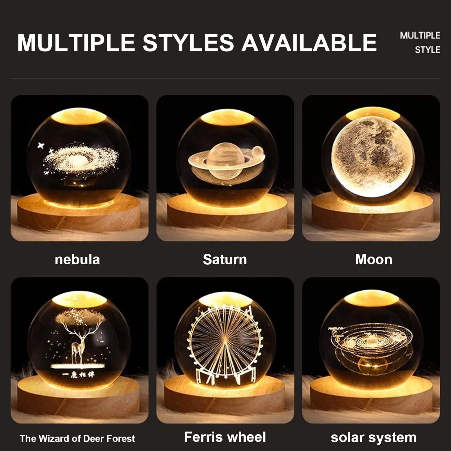 3D Solar System Crystal Night Light with Wooden Base, Fantasy Decor, LED Galaxy Planet Nightlight, 2.76in