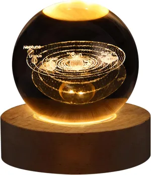 3D Solar System Crystal Night Light with Wooden Base, Fantasy Decor, LED Galaxy Planet Nightlight, 2.76in