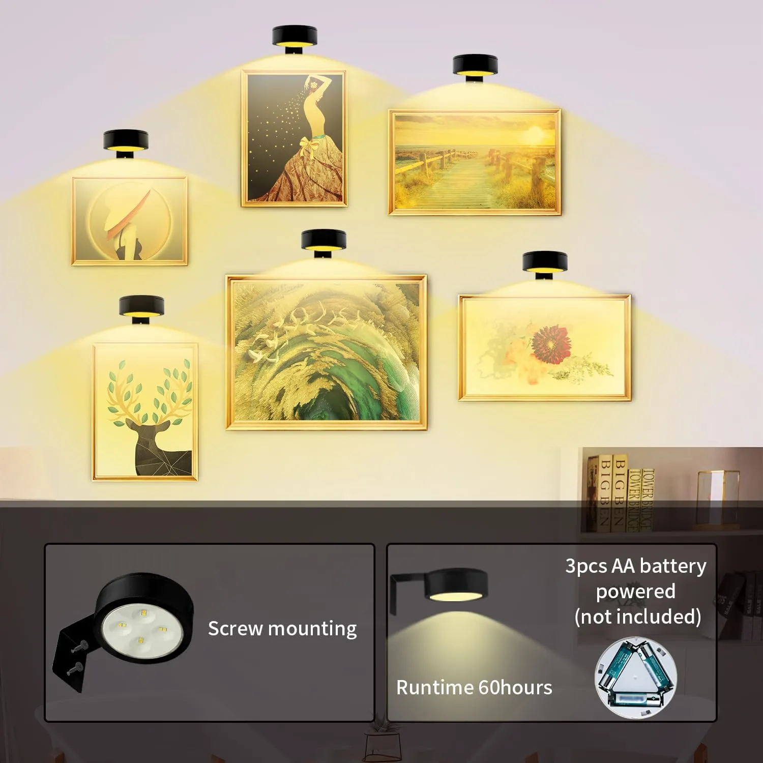 3PACK Picture Light Battery Operated with Remote, Painting Light for Art with 3 Lighting Colors&Dimmable, LED Art Display Accent Light on Wall for Pictures Dartboard Photo Frame Portrait