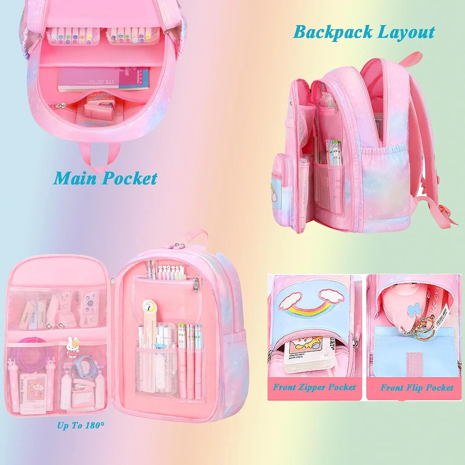 3pcs Girls Backpack, Kawaii School Backpack For Kids Children With Lunch Bag and Pencil Case (purple)