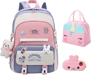 3pcs Girls Backpack, Kawaii School Backpack For Kids Children With Lunch Bag and Pencil Case (rabbit-blue)
