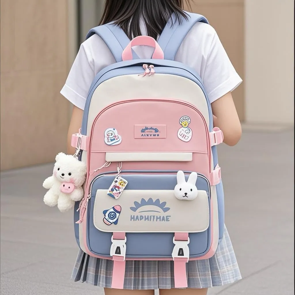 3pcs Girls Backpack, Kawaii School Backpack For Kids Children With Lunch Bag and Pencil Case (rabbit-blue)