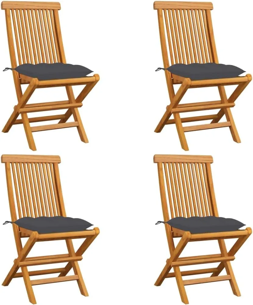 4-Pack Folding Patio Chairs with Anthracite Cushions Solid Teak Wood Outdoor Dining Chairs for Backyard Camping Lawn