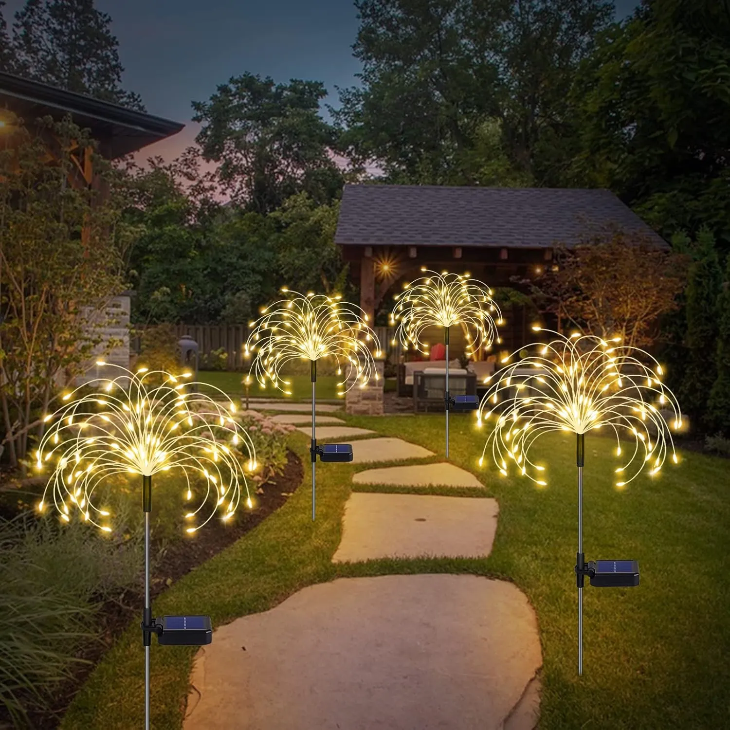 4 Pack Solar Firework Lights - Outdoor 120 LED, Waterproof Stake Landscape Lights with 8 Flashing Modes, for Garden Pathway Courtyards Wedding Christmas Decor (Warm White)