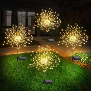 4 Pack Solar Firework Lights - Outdoor 120 LED, Waterproof Stake Landscape Lights with 8 Flashing Modes, for Garden Pathway Courtyards Wedding Christmas Decor (Warm White)