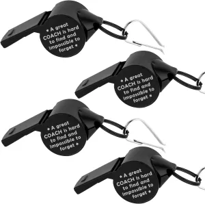 4 Pack Stainless Steel Lanyard Whistle Gift for Coach with A Word A Great Coach is Hard to Find and Impossible to Forget,Thank You Coach Gift，Loud Crisp Sound Whistles with 4 Gift Box. (Black)