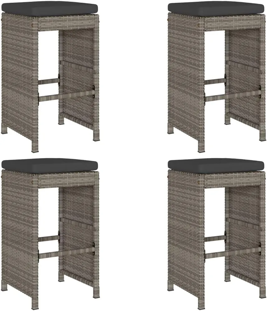 4-Piece Patio Bar Stools Set with Cushions, Gray PE Rattan Outdoor Furniture, Steel Frame Weather-Resistant Bar Height Stools for Backyard, Deck, Poolside