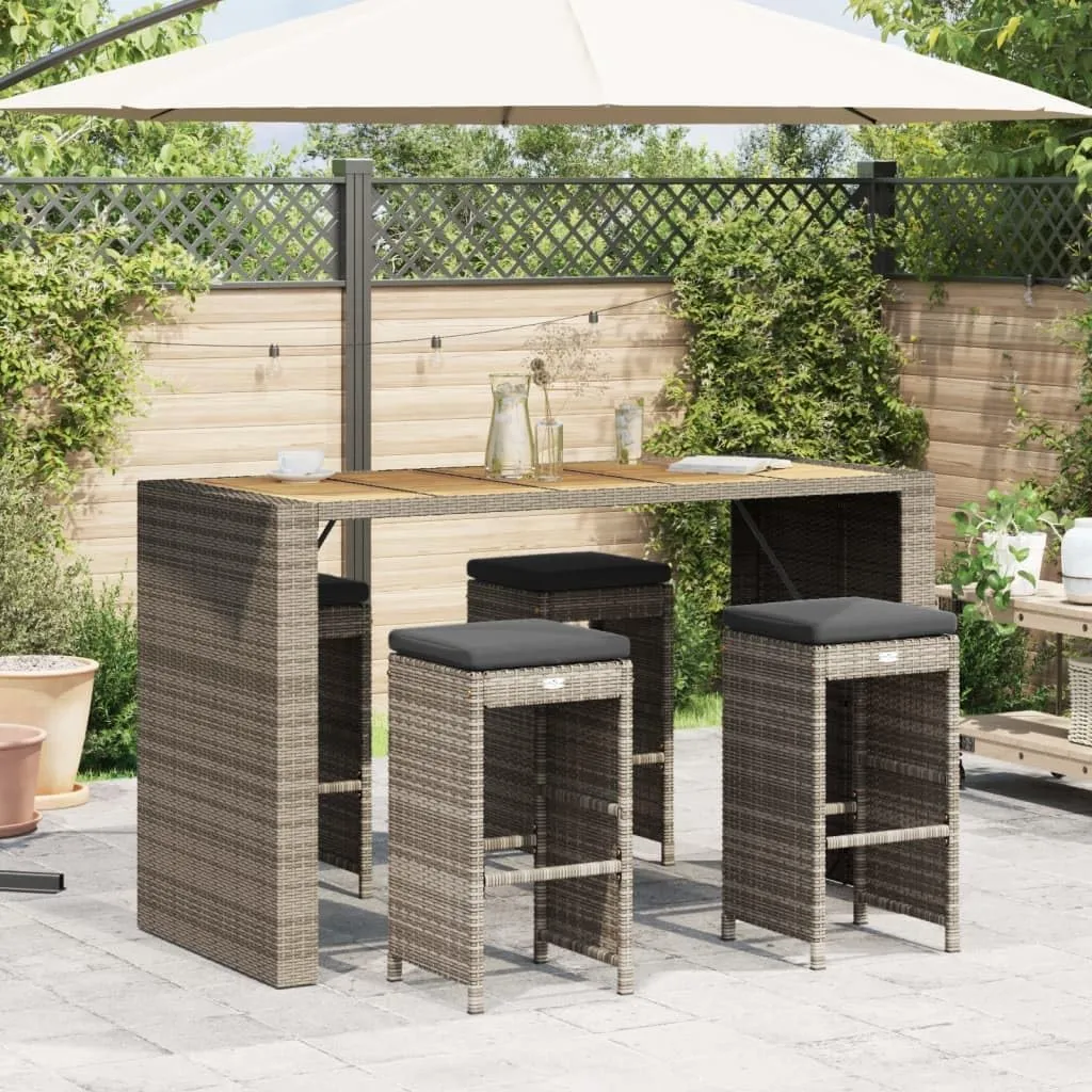 4-Piece Patio Bar Stools Set with Cushions, Gray PE Rattan Outdoor Furniture, Steel Frame Weather-Resistant Bar Height Stools for Backyard, Deck, Poolside