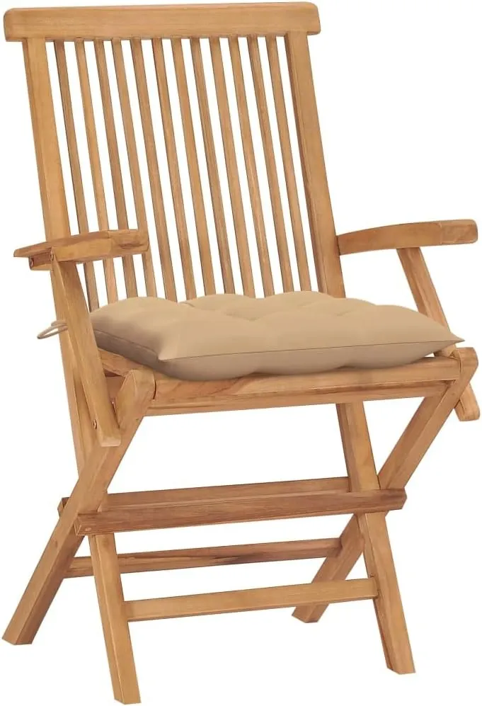 4-Piece Teak Wood Patio Chairs Set with Beige Cushions, Foldable Outdoor Furniture for Garden Poolside Backyard, Durable Wooden Lounge Chairs with Weather-Resistant Design