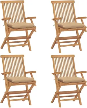 4-Piece Teak Wood Patio Chairs Set with Beige Cushions, Foldable Outdoor Furniture for Garden Poolside Backyard, Durable Wooden Lounge Chairs with Weather-Resistant Design
