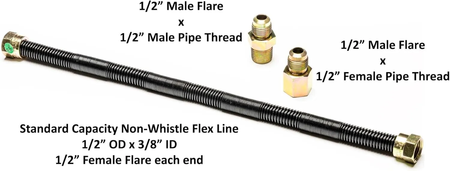 48'' x 1/2'' High Capacity Gas Flex Line - Premium Quality Black Non-Whistle Fire Pit, Fireplace, Dryer Gas Line - Versatile Usage - Easy Installation