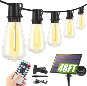 48FT Solar String Lights Outdoor with Remote, Waterproof Dimmable Patio Lights with 18 1 LED ST38 Bulbs 3 Modes Hanging Lighting for Backyard