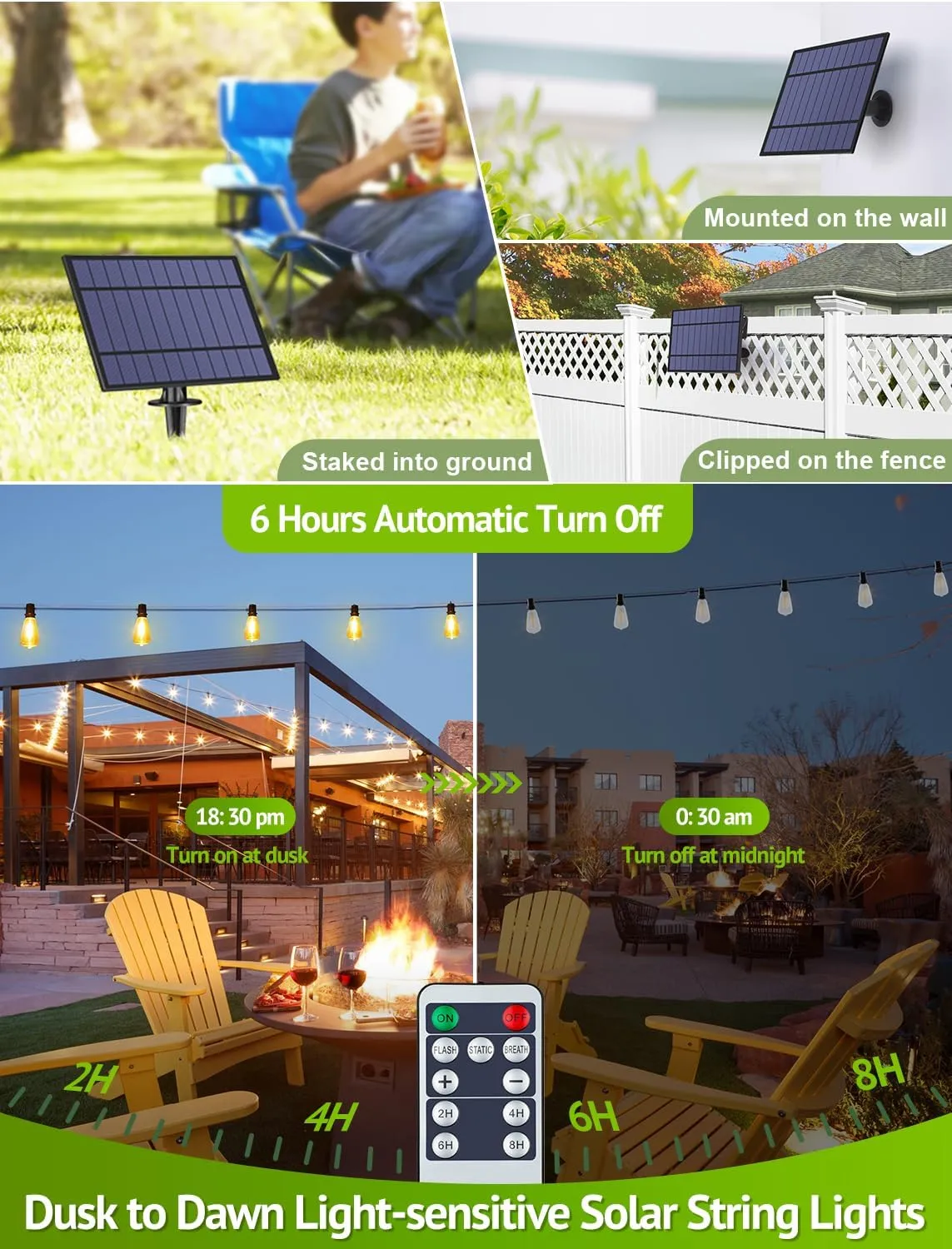 48FT Solar String Lights Outdoor with Remote, Waterproof Dimmable Patio Lights with 18 1 LED ST38 Bulbs 3 Modes Hanging Lighting for Backyard